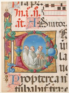 Iluminação do manuscrito com monges cantadores em um D inicial, de um Saltério, 1501-2.