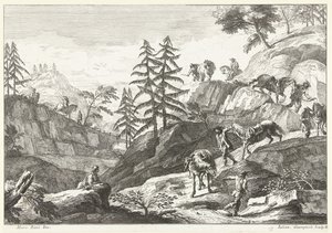 Paisagem de montanha com cavaleiros conduzindo cavalos a descer a encosta no caminho
Paisagens italianas (título da série) de Giuliano Giampiccoli