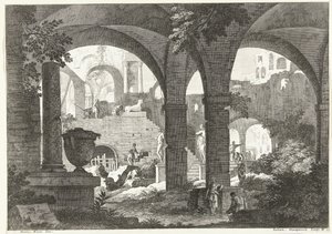 Ver sob abóbadas a ruínas e estátuas com algumas figuras
Paisagens italianas