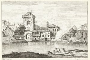 Vista da cidade com uma torre na água Paisagens italianas (título da série)