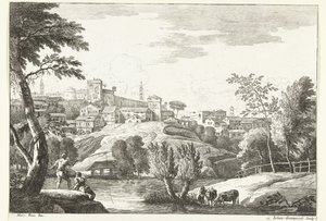 Paisagem montanhosa com cidade e pescador Paisagens italianas (título da série)