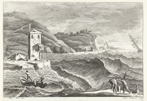 Paisagem costeira com tempestade no mar e farol de fogo Paisagens italianas (título da série) de Giuliano Giampiccoli