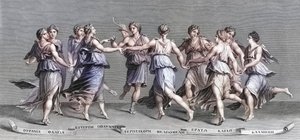 Apolo a dançar com as suas nove musas do Olimpo. (imprimir) de Giulio (after) Romano