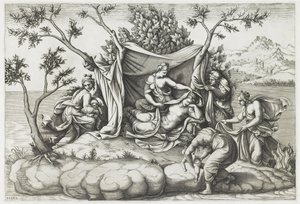 Latona dando à luz a Apolo e Diana, gravada por Diana Mantovana (n.1535), após 1575 (gravura) de Giulio (after) Romano