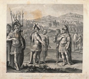 Encontro entre Aníbal e Cipião durante as Guerras Púnicas (gravura) de Giulio (after) Romano
