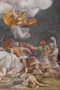 Uma batalha, detalhe, O Cavalo de Tróia, Câmara de Tróia (Sala di Troia) de Giulio (and workshop) Romano