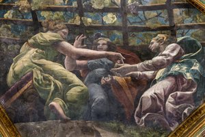 Detalhe da abóbada com mulheres jovens e uvas, Câmara de Cupido e Psique (Sala di Amore e Psiche) de Giulio (and workshop) Romano