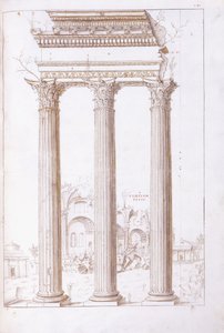 As colunas do templo de Castor e Pólux, com o templo da Paz ao fundo, c.1550 (um desenho original em giz preto, caneta e tinta marrom) de Giulio (circle of) Romano