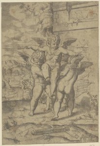 Amor e três putti de Giulio Bonasone (attributed to)