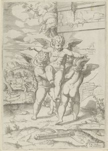 Amor e três putti de Giulio Bonasone (attributed to)