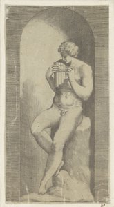 Homem nu com flauta de pan em um nicho de Giulio Bonasone (possibly)
