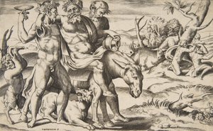 Um Silenus bêbado montado em um jumento sendo apoiado por sátiros, 1531-76.