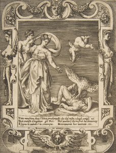 Um abutre comendo as entranhas de Tício, Cupido acima de duas mulheres à esquerda, dentro de um..., 1531-76. de Giulio Bonasone
