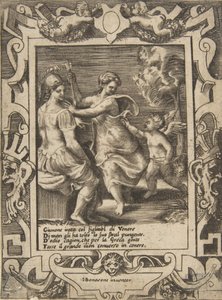 Atena sentada perto de Juno que tirou as flechas de Cupido, colocadas dentro de uma moldura elaborada..., 1531-76. de Giulio Bonasone