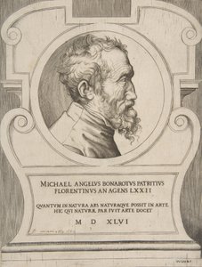 Busto de Michelangelo virado para a direita, dentro de uma cartela., 1546. de Giulio Bonasone