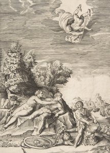 Calipso tentando deter Ulisses quando criança prepara sua armadura à direita e Mercúrio fa..., 1531-76. de Giulio Bonasone
