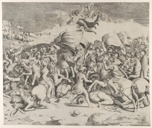 Constantino derrotando o tirano Maxêncio, anjos carregando espadas voam acima, 1544., 1544. de Giulio Bonasone