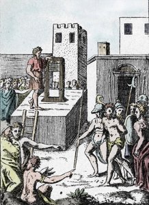 Pena de morte: a execução de uma sentença de morte com o antepassado da guilhotina (máquina uma descoloração) em Itália chamada Mannaia e concebida por Achille Bocchi, em 1555" Gravação de Giulio Buonasone (Bonasone) (1498-1574) (Representação do Maná
