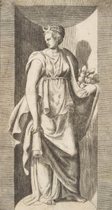 Diana segurando frutas na mão esquerda dentro de um nicho, ca. 1531-76. de Giulio Bonasone