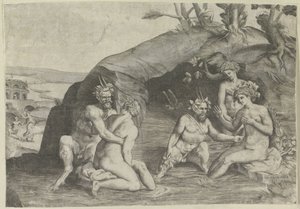 Três ninfas e dois sátiros tomando banho de Giulio Bonasone
