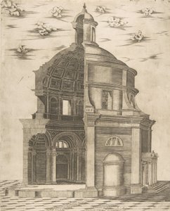 Seção exterior e interior de um templo em Roma dedicado a Netuno, 1541. de Giulio Bonasone