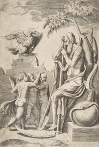 Pai Tempo à direita apoiado em uma foice, três meninos nus e águia à esquerda, 1..., 1531-76. de Giulio Bonasone