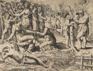 Flora ao centro passando uma coroa de flores para outra mulher, cercada por outras figueiras..., meados do século XVI. de Giulio Bonasone