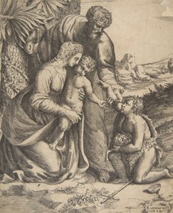 Sagrada Família com São João Batista que se ajoelha à direita, 1531-76. de Giulio Bonasone