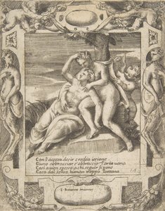 Ixion abraçando uma nuvem, pensando que é Juno, Cupido à direita, situado dentro de uma elaborada..., 1531-76. de Giulio Bonasone
