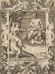 Juno à esquerda pede a Júpiter para ajudar os gregos, situados dentro de um quadro elaborado, desde o 