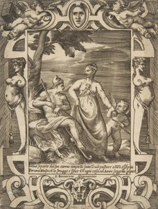 Júpiter à esquerda na forma de um pastor acompanhado por Mnemósine, colocado dentro de um elabo..., 1531-76. de Giulio Bonasone