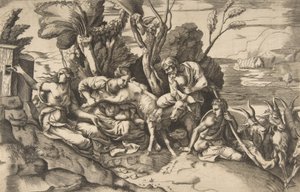 Júpiter amamentado pela cabra Amalteia, 1531-76.. de Giulio Bonasone