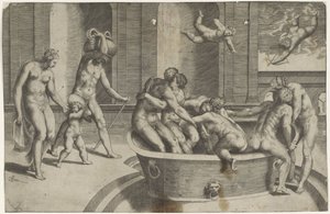 Homens e mulheres em grandes banheiras de Giulio Bonasone