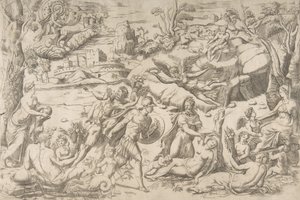 Marte e Rhea Silvia: no centro Marte segura um escudo e uma espada, Rhea Silvia dorme..., ca 1531-76. de Giulio Bonasone