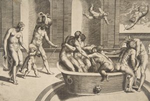 Homens e mulheres tomando banho, alguns se abraçando, 1531-76.