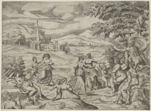 Mercúrio conta a história de Pan e Syrinx de Giulio Bonasone