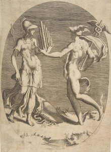 Mercúrio apresentando uma gaita de pã para Minerva que está à esquerda, uma composição oval, 1531-76. de Giulio Bonasone