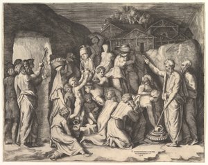 Moisés Dizendo aos Israelitas para Reunirem o Maná e Moisés Golpeando a Rocha. de Giulio Bonasone