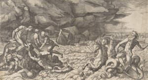 Netuno acalmando a Tempest Aeolus levantada contra a Frota de Aeneas, 1531-76. de Giulio Bonasone
