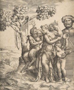 Pan à esquerda sentado ao lado de uma ninfa em pé, à direita Cupido segurando címbalos, 1531-76. de Giulio Bonasone