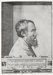 Retrato de Michelangelo de perfil virado para a direita de Giulio Bonasone