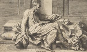 São Marcos escrevendo seu Evangelho, um leão alado à direita, 1531-76. de Giulio Bonasone