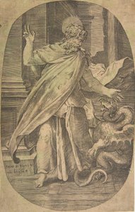 São Paulo vencendo a víbora, dentro de um cenário arquitetônico, uma composição oval, ca. 1540-70. de Giulio Bonasone