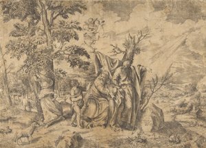 O Descanso na Fuga para o Egito, José à direita, a Virgem segura o Menino Jesus em..., 1531-76. de Giulio Bonasone