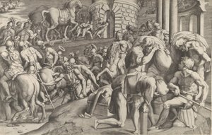 Os troianos transportando o cavalo de madeira para Tróia, 1545. de Giulio Bonasone