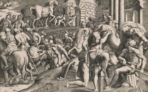 Os troianos puxando o cavalo de madeira para a cidade, 1545. de Giulio Bonasone