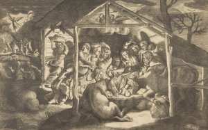 A adoração dos pastores, várias figuras em torno do Menino Jesus no séc..., 1531-76. de Giulio Bonasone