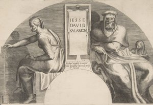 Os ancestrais de Cristo flanqueando uma tabuinha inscrita, uma composição de topo em arco, 1531-76. de Giulio Bonasone