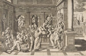 O nascimento de São João Batista em um edifício clássico, ca 1531-76 de Giulio Bonasone