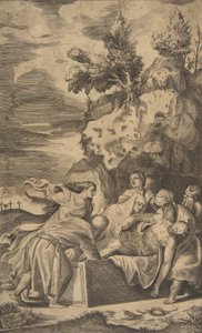 O sepultamento de Cristo, as cruzes do Calvário visíveis no fundo esquerdo, 1563. de Giulio Bonasone